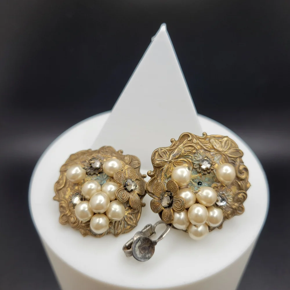 Vintage Art Nouveau Brass Faux Cluster Pearl Sterling Clip-On Earrings *AS-IS* - Picture 2 of 15
